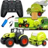 A collage of images showing a remote control tractor and baler set, including the remote control, battery, charging cable, and packaging. Produktbild-Vorschau