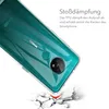A clear phone case is shown protecting a phone from impact, with text describing its shock absorption. Produktbild-Vorschau