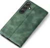 A green flip cover phone case is shown from a diagonal top-down view on a white background. Produktbild-Vorschau
