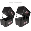 Two views of a black styrofoam box, one open and one closed, demonstrating how the lid can be stacked on top of the base. Produktbild-Vorschau