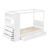 A white canopy bed frame with integrated storage drawers and a side cabinet, shown against a white background. Produktbild-Vorschau
