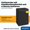 A black chest freezer is shown with marketing text and an energy efficiency label. Produktbild-Vorschau