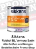 A can of Sikkens Rubbol BL Ventura Satin paint is shown, with promotional text overlayed on the background. Produktbild-Vorschau