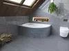 A modern bathroom with a corner bathtub, toilet, and tiled walls. Produktbild-Vorschau