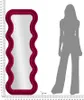 A full-length mirror with a wavy pink frame is shown next to a silhouette of a person, indicating its size. A ruler with centimeter markings is visible on the left side of the mirror, and a scale bar indicating 6 cm is present at the bottom. Podgląd zdjęcia produktu
