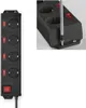 A black power strip with multiple outlets and individual switches is shown against a white background. A close-up inset shows a screwdriver being used to attach the power strip to a surface. Produktbild-Vorschau