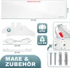 A collage of images showing a white infrared heater, its accessories, and technical specifications. Produktbild-Vorschau