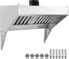 A stainless steel commercial range hood with a black flexible duct attachment, shown from the front-left, with mounting hardware displayed below. Náhled obrázku produktu