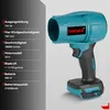 A teal and black cordless leaf blower with a battery pack, shown next to a list of its specifications. Produktbild-Vorschau