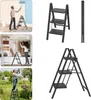 Collage of a man painting a wall, a woman in a closet, a man using a tool in a garden, and several images of a black folding ladder. Voir les images du produit
