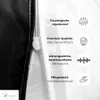 Close-up of a zipper on white and black fabric, with text and icons describing product features. Produktbild-Vorschau