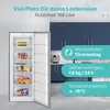 A vertical freezer with its door open, showcasing its interior compartments and food items. The background shows a modern kitchen setting with blue cabinets. Text overlays highlight product features. Produktbild-Vorschau