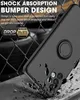 A black phone case with a ring holder is shown in a dynamic, falling pose, with black liquid-like splashes around it, suggesting shock absorption. Produktbild-Vorschau