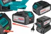 A collage of AL-FA 21V Lithium-Ion batteries and a charger, with one battery showing a power indicator and a red arrow pointing to a button. Produktbild-Vorschau