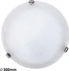 A top-down view of a white, round ceiling light fixture with chrome accents. Produktbild-Vorschau