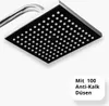 A square shower head with a chrome arm, set against a white background. Produktbild-Vorschau