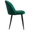 A side view of a green velvet dining chair with black metal legs. Podgląd zdjęcia produktu
