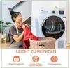 A woman is holding a red towel next to a washing machine and a laundry basket. Below are icons and text related to cleaning instructions. Produktbild-Vorschau