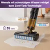 A wet and dry vacuum cleaner is shown cleaning a spill on a wooden floor, with text overlays highlighting its features. Produktbild-Vorschau