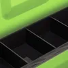 A close-up view of the interior of a green and black money box with multiple compartments. Náhled obrázku produktu