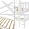 A collage of four close-up images showing details of a white wooden bed frame. Produktbild-Vorschau