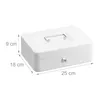 A white metal cash box with a handle and lock, shown with dimensions indicated by measurement lines and text. Produktbild-Vorschau