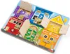 A colorful wooden toy with multiple doors and locks, each revealing a different image and number. Produktbild-Vorschau