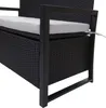 Close-up view of a black poly-rattan bench with a gray cushion. Voir les images du produit