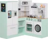 A children's play kitchen set with various appliances and accessories, arranged in a corner. Produktbild-Vorschau