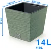A square green planter with a textured surface and dimensions indicated by blue arrows and text. Produktbild-Vorschau