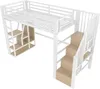 A white loft bed with integrated stairs and storage shelves, shown against a white background. Náhled obrázku produktu
