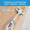 A hand holding a cordless vacuum cleaner on a wooden floor, with debris being vacuumed. Produktbild-Vorschau