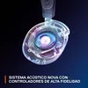 A close-up, transparent view of a headphone driver with colorful lighting, set against a dark background. Text describing the product's acoustic system is visible at the bottom. Produktbild-Vorschau