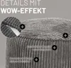 Close-up view of a gray corduroy pouf highlighting its features with text overlays and plus icons. Produktbild-Vorschau