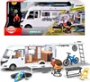 A toy camper van playset in its packaging and another view of the playset with accessories. Voir les images du produit