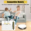 A mother and son are sitting on a couch, giving each other a high-five. Below them is a display of robot vacuum cleaner accessories and a robot vacuum cleaner. Produktbild-Vorschau