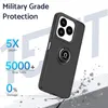 A black phone case with a ring holder is shown, with text highlighting its protective features and drop test results. Produktbild-Vorschau