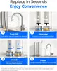 A four-step diagram illustrating how to replace a water filter, showing a faucet and water filter system. Podgląd zdjęcia produktu