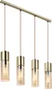 A four-light pendant chandelier with cylindrical glass shades and brass-colored metal accents, suspended from a brass-colored bar. Náhľad obrázku produktu