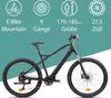 A black electric mountain bike with informational icons and text above it. Produktbild-Vorschau