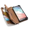 A brown wallet case with a smartphone inside, showing cards and earphones. Produktbild-Vorschau