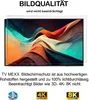 A TV screen displaying abstract art, with text overlay and icons below. Produktbild-Vorschau