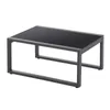 A modern coffee table with a dark glass top and a gray metal frame, isolated on a white background. Produktbild-Vorschau