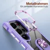 A close-up, angled view of a transparent phone case with a purple frame and a metallic ring stand, showcasing the camera protection feature. Produktbild-Vorschau