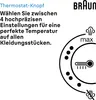 A diagram illustrating thermostat settings for a Braun iron, with text explaining the settings. Produktbild-Vorschau
