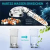 A showerhead with filter stones and a demonstration of water quality before and after filtering. Produktbild-Vorschau