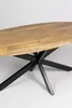 A close-up view of an oval dining table with a wooden top and a black metal base. Voir les images du produit