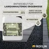 A product shot of a bottle of Roxlin Bindemittel für Kieselsteine, surrounded by gravel and paving stones, with marketing text overlays. Produktbild-Vorschau
