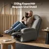 A woman is sitting in a gray recliner chair holding a cat, with a floor lamp and curtains in the background. Produktbild-Vorschau