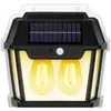 A solar-powered outdoor light fixture with two bulb-shaped lights. Produktbild-Vorschau